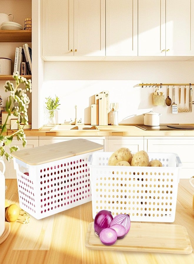 Xbopetda 2 Set Pantry Organizer and Storage, Plastic Potato and Onion Storage with Wooden Lid, Stackable Potato Storage Onion Holder, Kitchen Pantry Baskets for Onion Potato Fruit Produce Vegetable - Image 3
